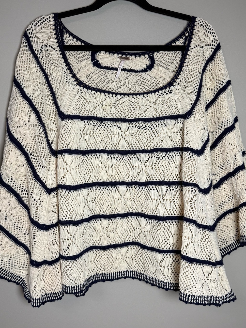 Free People Cream Poncho Crochet Cotton Sweater with Navy Trim